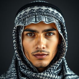 A young man wearing a professional quality Arabic shemagh, carefully wrapped and styled to showcase its intricate design