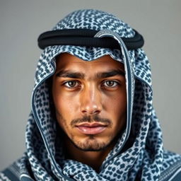 A young man wearing a professional quality Arabic shemagh, carefully wrapped and styled to showcase its intricate design