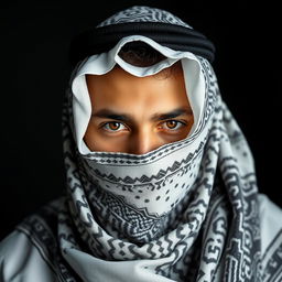 A young man wearing a professional quality Arabic shemagh, carefully wrapped and styled to showcase its intricate design