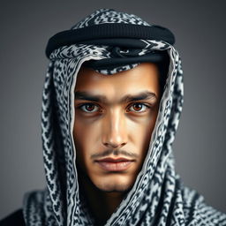 A young man wearing a professional quality Arabic shemagh, carefully wrapped and styled to showcase its intricate design