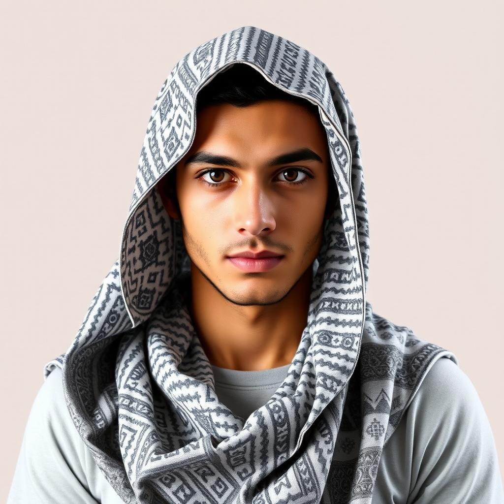 A young man wearing a professional quality Arabic shemagh, carefully wrapped and styled to highlight its intricate design