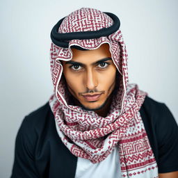 A young man wearing a professional quality Arabic shemagh, carefully wrapped and styled to highlight its intricate design