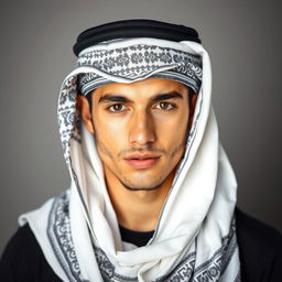 A young man wearing a professional quality Arabic shemagh, carefully wrapped and styled to highlight its intricate design