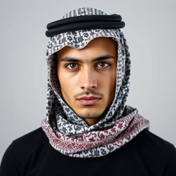 A young man wearing a professional quality Arabic shemagh, carefully wrapped and styled to highlight its intricate design