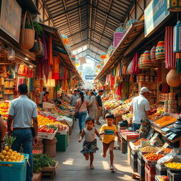 A traditional market scene in a bustling city, filled with vibrant stalls offering a wide variety of goods