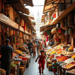 A traditional market scene in a bustling city, filled with vibrant stalls offering a wide variety of goods