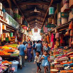 A traditional market scene in a bustling city, filled with vibrant stalls offering a wide variety of goods