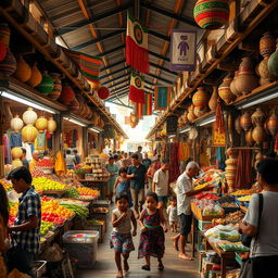 A traditional market scene in a bustling city, filled with vibrant stalls offering a wide variety of goods