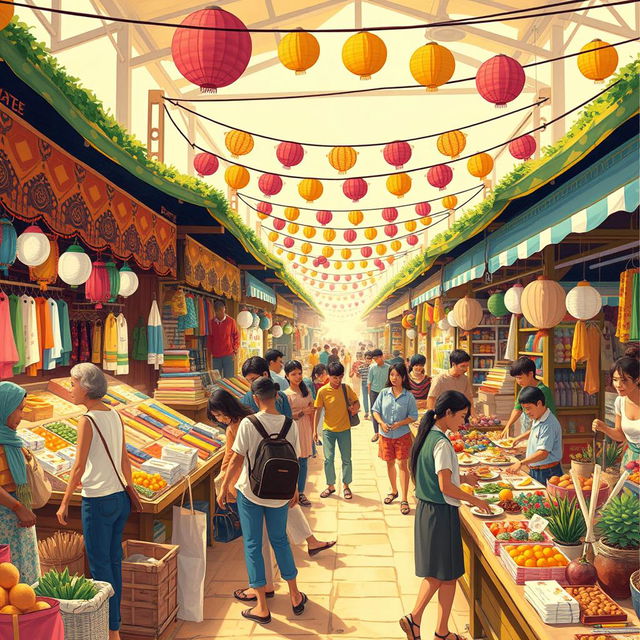 A lively marketplace scene depicting a variety of stalls with vibrant decorations and colorful merchandise on display, displaying items such as textiles, fresh foods, and handmade crafts