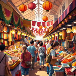 A lively marketplace scene depicting a variety of stalls with vibrant decorations and colorful merchandise on display, displaying items such as textiles, fresh foods, and handmade crafts