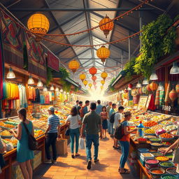 A lively marketplace scene depicting a variety of stalls with vibrant decorations and colorful merchandise on display, displaying items such as textiles, fresh foods, and handmade crafts