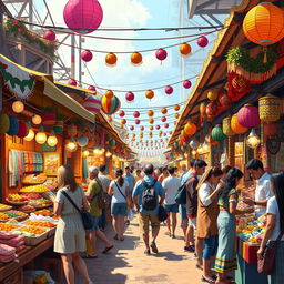 A lively marketplace scene depicting a variety of stalls with vibrant decorations and colorful merchandise on display, displaying items such as textiles, fresh foods, and handmade crafts