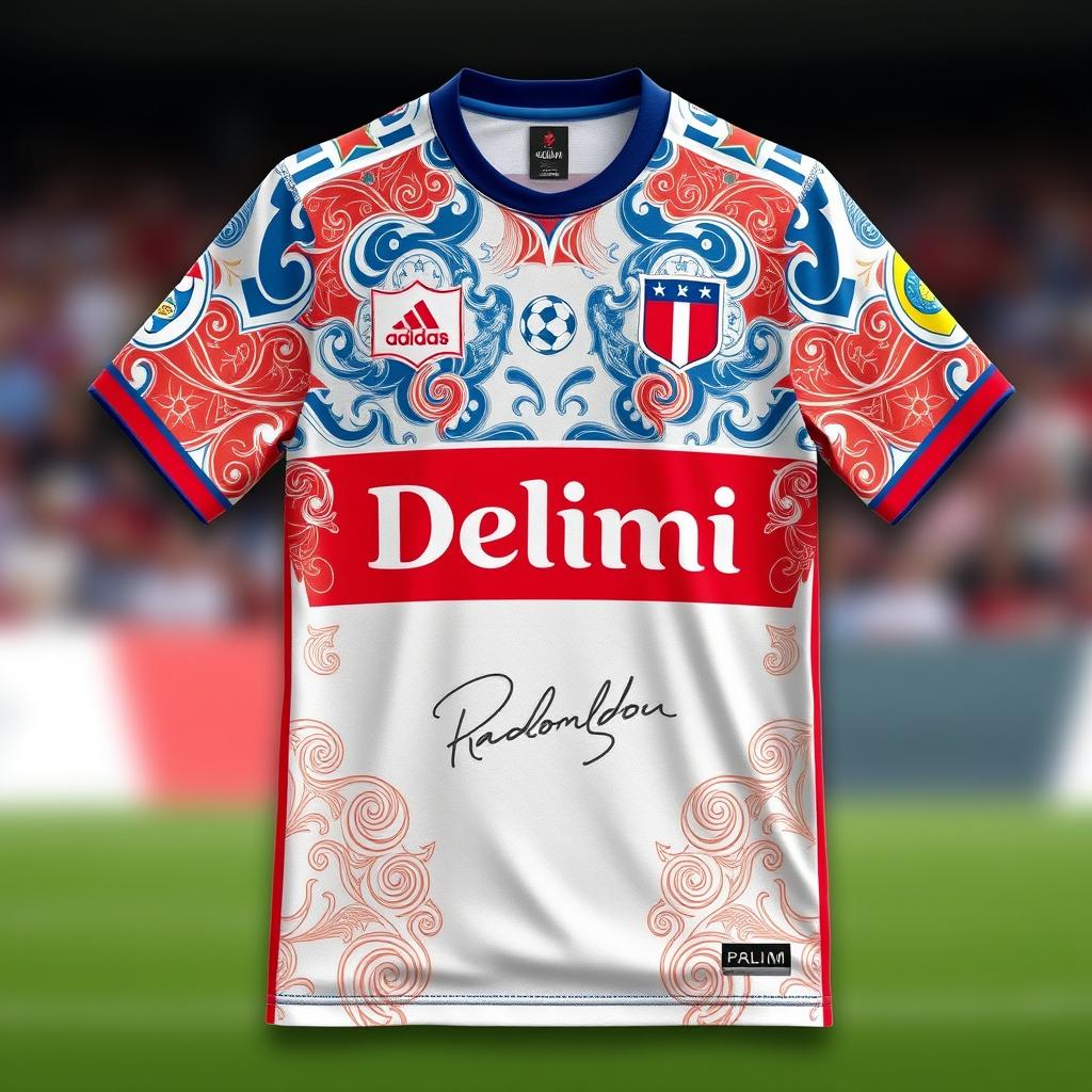 A football shirt collaboration between the renowned French brand Delimi and a famous fictional football player, Radonaldou, featuring a unique design blending French elegance with dynamic sport elements