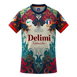 A football shirt collaboration between the renowned French brand Delimi and a famous fictional football player, Radonaldou, featuring a unique design blending French elegance with dynamic sport elements