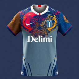 A football shirt collaboration between the renowned French brand Delimi and a famous fictional football player, Radonaldou, featuring a unique design blending French elegance with dynamic sport elements