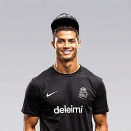 Cristiano Ronaldo wearing a stylish T-shirt and cap from the Delimi clothing brand