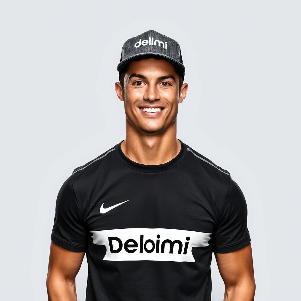 Cristiano Ronaldo wearing a stylish T-shirt and cap from the Delimi clothing brand