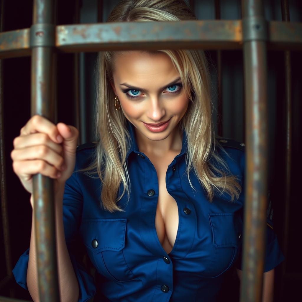 extreme close-up view through prison bars of a woman reminiscent of Sydney Sweeney as a police officer