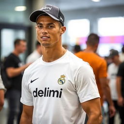 Cristiano Ronaldo in a stylish T-shirt and cap from the clothing brand Delimi, captured in a casual setting