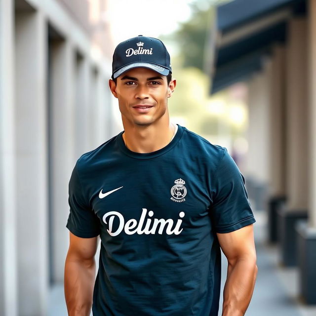 Cristiano Ronaldo in a stylish T-shirt and cap from the clothing brand Delimi, captured in a casual setting