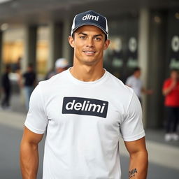 Cristiano Ronaldo in a stylish T-shirt and cap from the clothing brand Delimi, captured in a casual setting