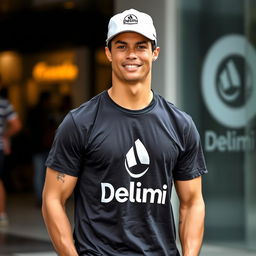 Cristiano Ronaldo in a stylish T-shirt and cap from the clothing brand Delimi, captured in a casual setting