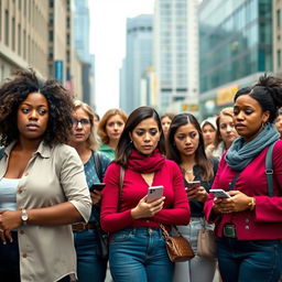 A diverse group of women standing in line, each with expressions of worry and concern on their faces