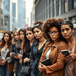 A diverse group of women standing in line, each with expressions of worry and concern on their faces