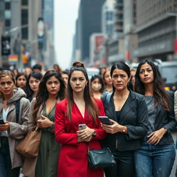 A diverse group of women standing in line, each with expressions of worry and concern on their faces