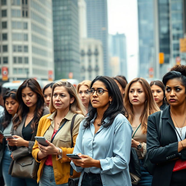 A diverse group of women standing in line, each with expressions of worry and concern on their faces