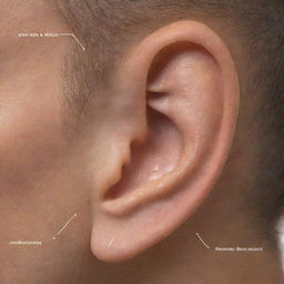 A detailed illustration of the parts of the human ear, labeled in Latin Spanish, showing their individual functions. Include the outer ear, middle ear, and inner ear with corresponding functions.