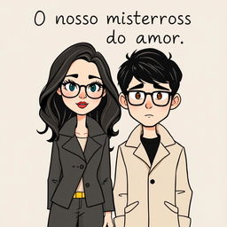 A cartoon-style illustration of a woman and a man dressed in minimalist detective outfits, exuding a playful yet intriguing vibe