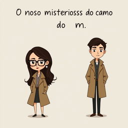 A cartoon-style illustration of a woman and a man dressed in minimalist detective outfits, exuding a playful yet intriguing vibe