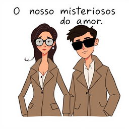 A cartoon-style illustration of a woman and a man dressed in minimalist detective outfits, exuding a playful yet intriguing vibe