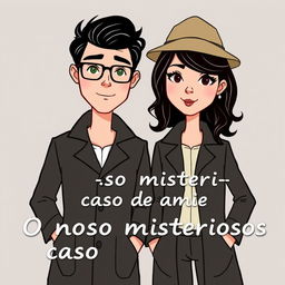 A cartoon-style illustration of a woman and a man dressed in minimalist detective outfits, exuding a playful yet intriguing vibe