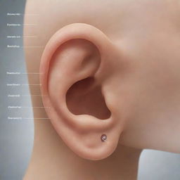 A detailed illustration of the parts of the human ear, labeled in Latin Spanish, showing their individual functions. Include the outer ear, middle ear, and inner ear with corresponding functions.