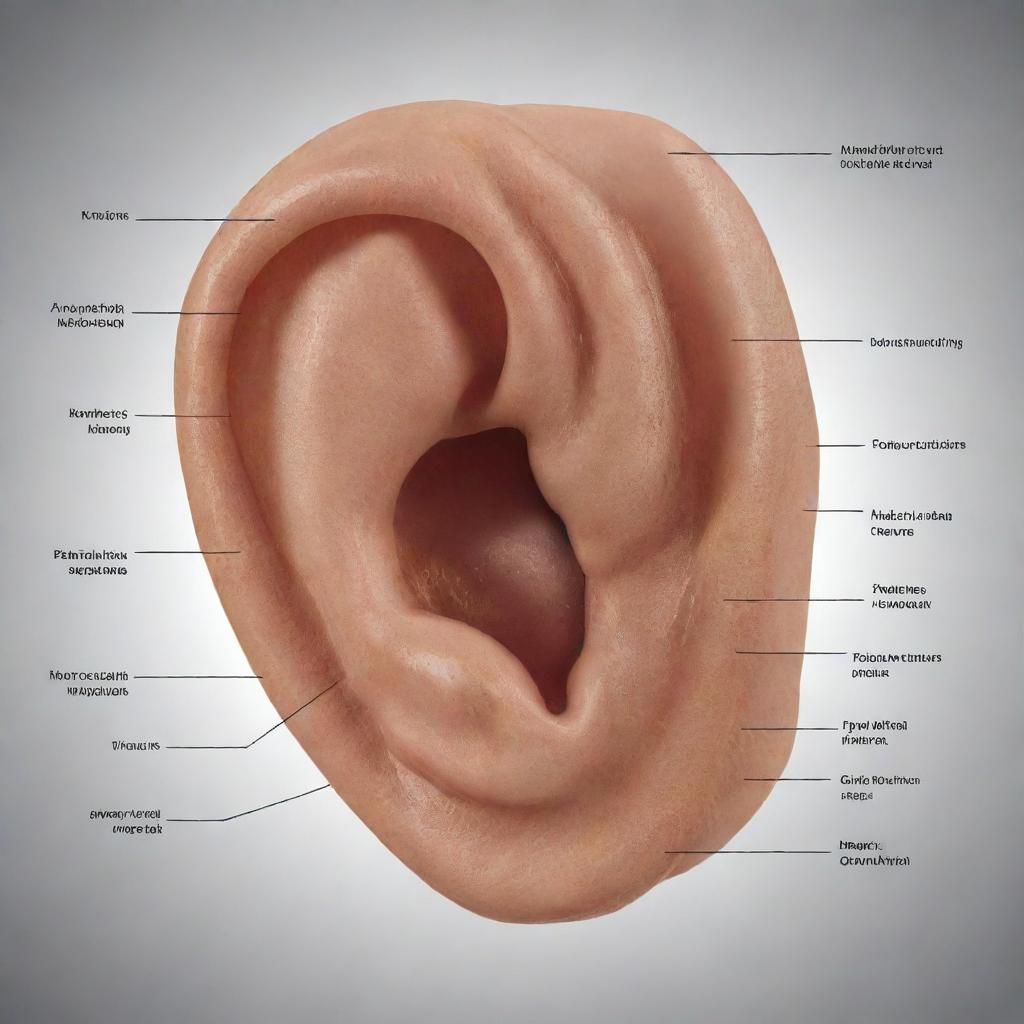 A detailed illustration of the parts of the human ear, labeled in Latin Spanish, showing their individual functions. Include the outer ear, middle ear, and inner ear with corresponding functions.