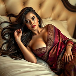 A beautiful woman in a stylish, hot saree, showcasing cleavage, elegantly lying on a luxurious bed