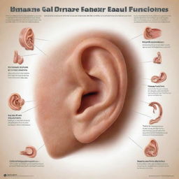 A detailed infographic of the human ear's functions explained in Spanish. Include the functions of hearing, balance, and localizing sound in the surrounding environment.