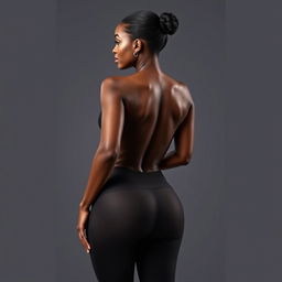 A stunning and confident black woman showcasing her curvaceous figure in tight-fitting leggings, viewed from the back to emphasize her shapely and attractive physique