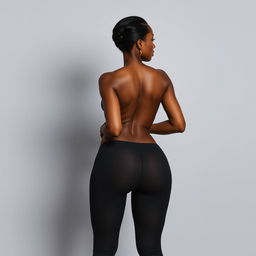 A stunning and confident black woman showcasing her curvaceous figure in tight-fitting leggings, viewed from the back to emphasize her shapely and attractive physique