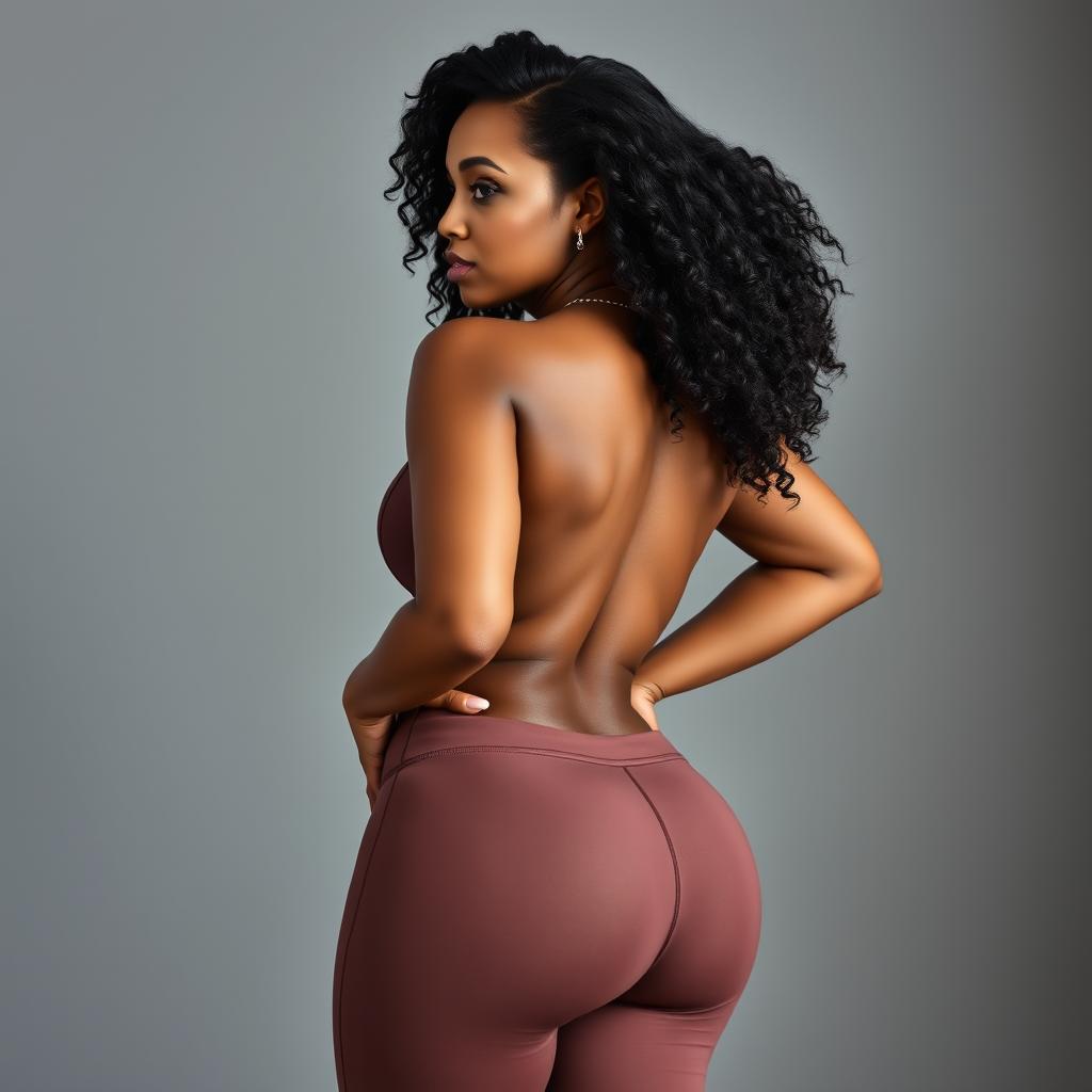 A stunning and confident black woman showcasing her curvaceous figure in tight-fitting leggings, viewed from the back to emphasize her shapely and attractive physique