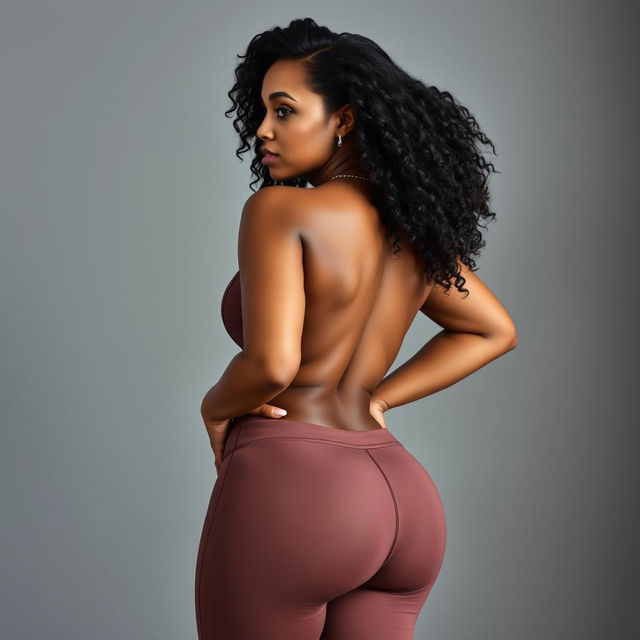 A stunning and confident black woman showcasing her curvaceous figure in tight-fitting leggings, viewed from the back to emphasize her shapely and attractive physique