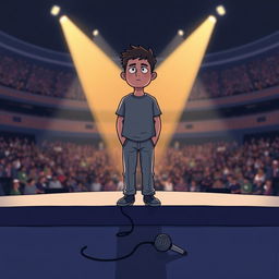 A digital illustration depicting a dramatic moment symbolizing the end of a career, with a figure resembling a generic YouTuber standing on a large stage