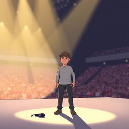 A digital illustration depicting a dramatic moment symbolizing the end of a career, with a figure resembling a generic YouTuber standing on a large stage