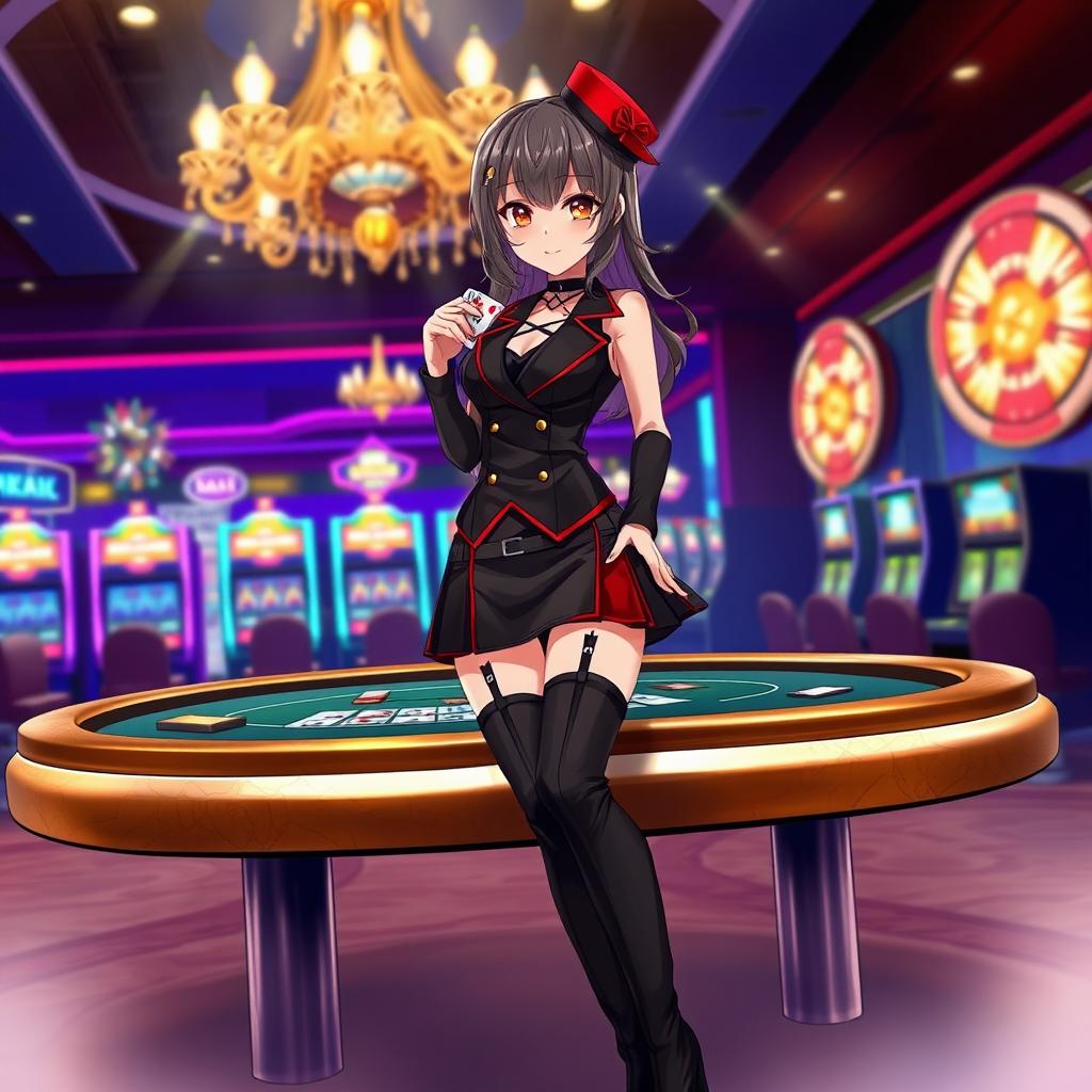 An anime-style depiction of a young woman in a black and red casino-themed outfit