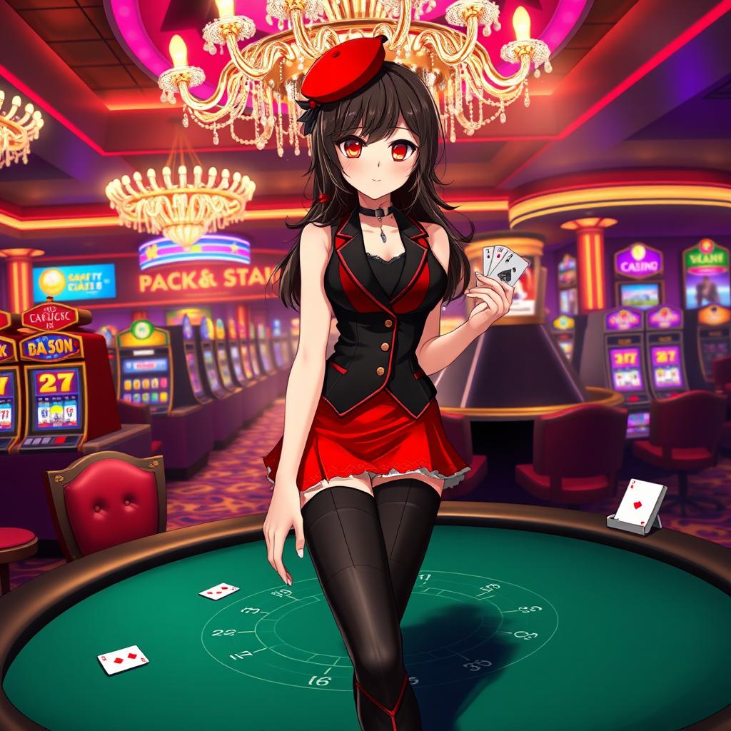 An anime-style depiction of a young woman in a black and red casino-themed outfit