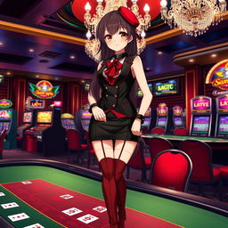 An anime-style depiction of a young woman in a black and red casino-themed outfit