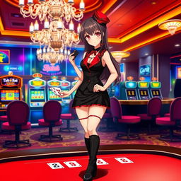 An anime-style depiction of a young woman in a black and red casino-themed outfit