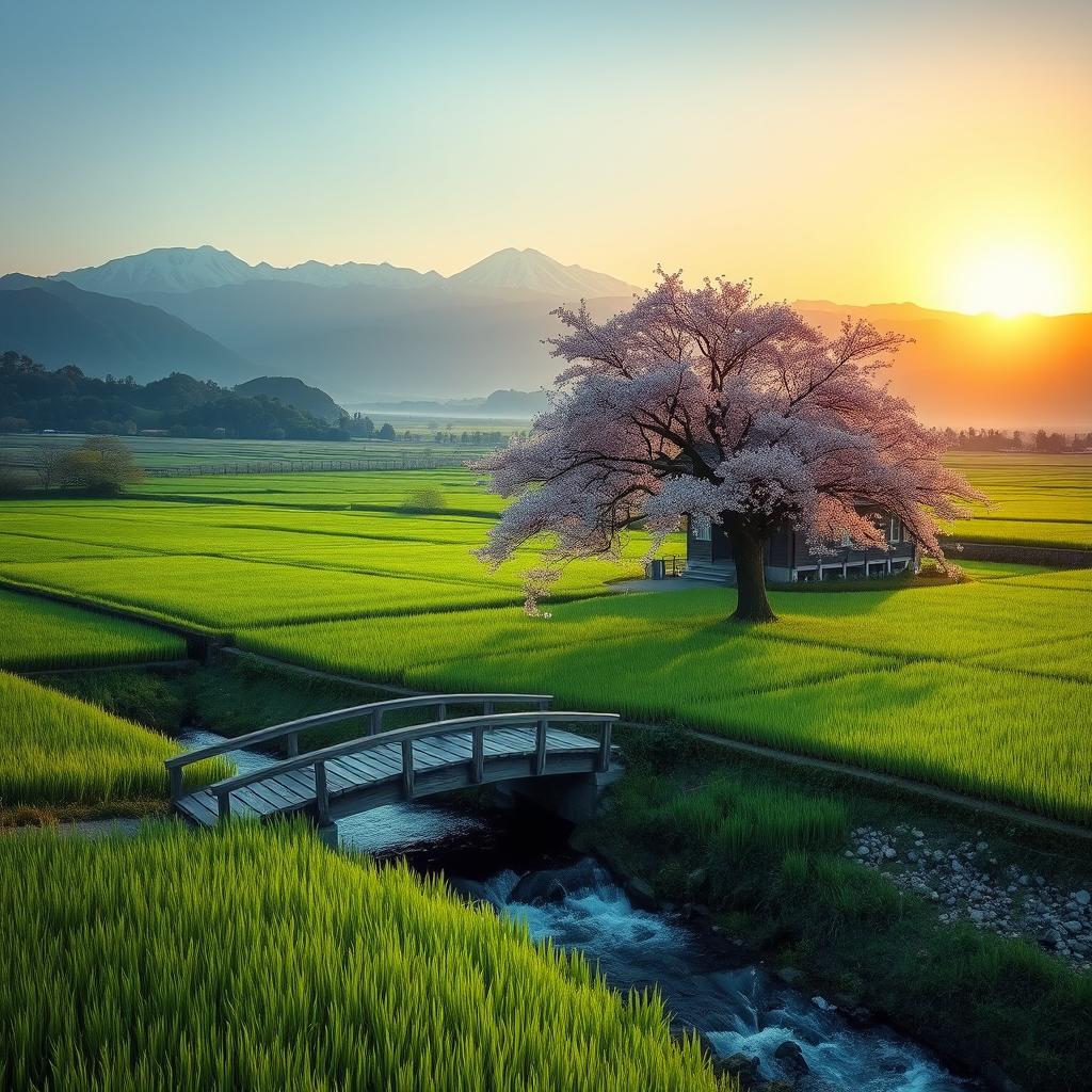 A vast and tranquil Japanese countryside landscape, featuring lush green rice fields and a distant view of majestic snow-capped mountains